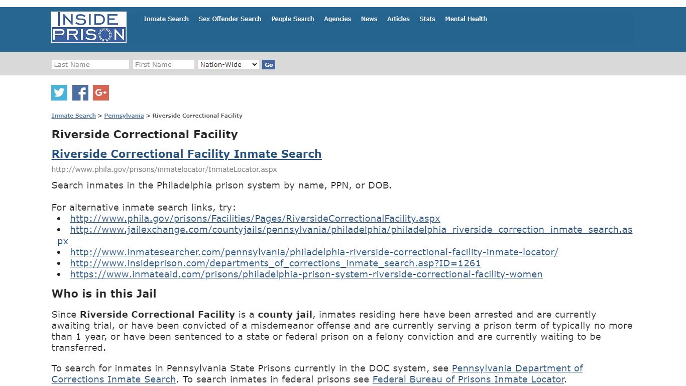 Riverside Correctional Facility - Pennsylvania - Inmate Search
